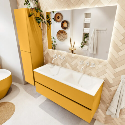 MONDIAZ VICA 120cm mueble de baño Ocher 2 cajones. Lavabo CLOUD Doble sin orificio color Talc con espejo LED.