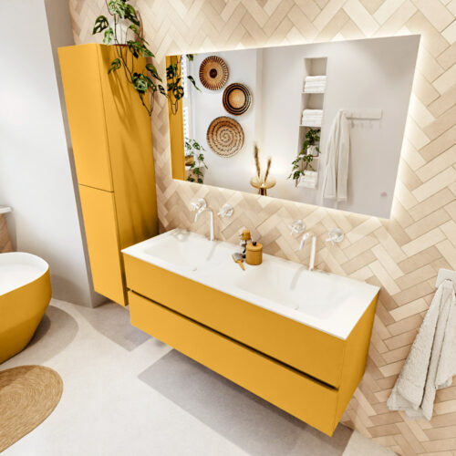 MONDIAZ VICA 130cm mueble de baño Ocher 2 cajones. Lavabo CLOUD Doble 2 orificios color Talc con espejo LED.