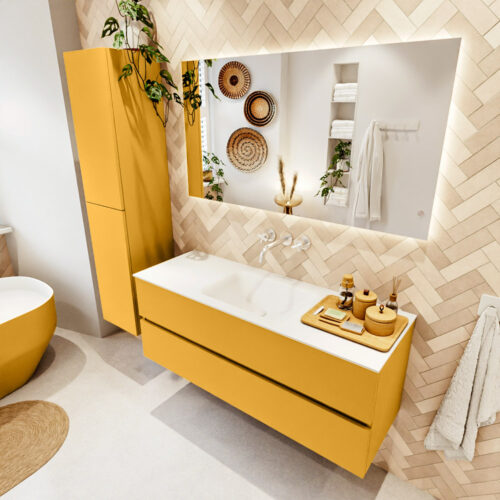 MONDIAZ VICA 130cm mueble de baño Ocher 2 cajones. Lavabo CLOUD Centro sin orificio color Talc con espejo LED.