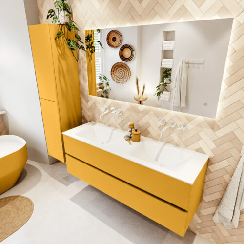 MONDIAZ VICA 140cm mueble de baño Ocher 2 cajones. Lavabo CLOUD Doble sin orificio color Talc con espejo LED.