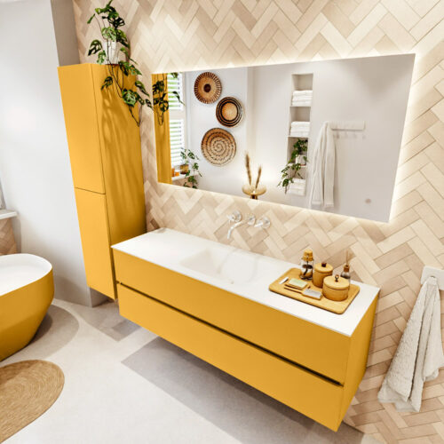 MONDIAZ VICA 150cm mueble de baño Ocher 2 cajones. Lavabo CLOUD Centro sin orificio color Talc con espejo LED.