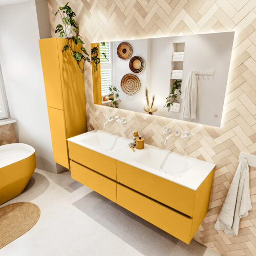 MONDIAZ VICA 150cm mueble de baño Ocher 4 cajones. Lavabo CLOUD Doble sin orificio color Talc con espejo LED.