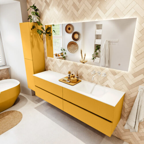 MONDIAZ VICA 180cm mueble de baño Ocher 4 cajones. Lavabo CLOUD Derecho sin orificio color Talc con espejo LED.