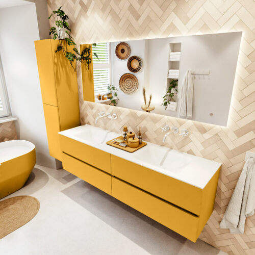 MONDIAZ VICA 180cm mueble de baño Ocher 4 cajones. Lavabo CLOUD Doble sin orificio color Talc con espejo LED.