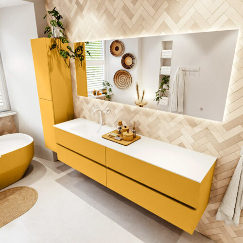 MONDIAZ VICA 190cm mueble de baño Ocher 4 cajones. Lavabo CLOUD Izquierda 1 orificio color Talc con espejo LED.