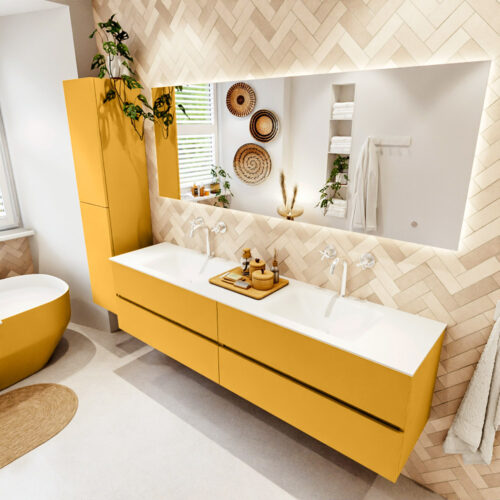 MONDIAZ VICA 190cm mueble de baño Ocher 4 cajones. Lavabo CLOUD Doble 2 orificios color Talc con espejo LED.