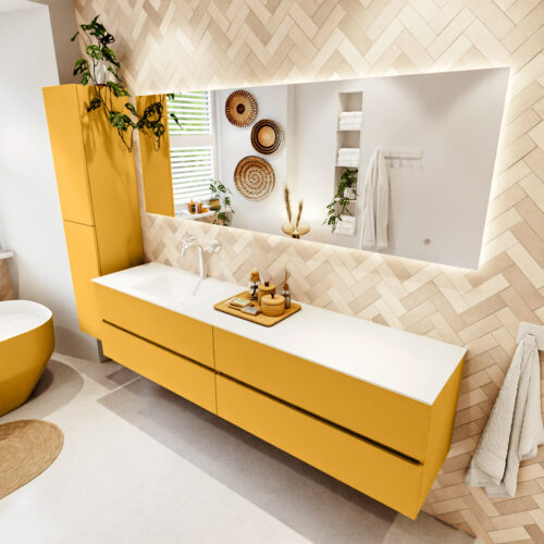 MONDIAZ VICA 200cm mueble de baño Ocher 4 cajones. Lavabo CLOUD Izquierda 1 orificio color Talc con espejo LED.