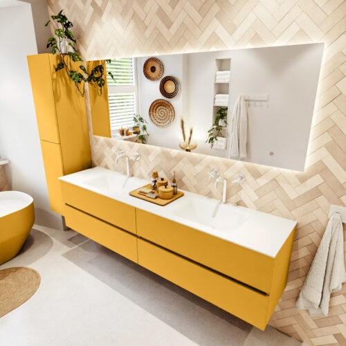 MONDIAZ VICA 200cm mueble de baño Ocher 4 cajones. Lavabo CLOUD Doble 2 orificios color Talc con espejo LED.