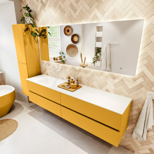 MONDIAZ VICA 200cm mueble de baño Ocher 4 cajones. Lavabo CLOUD Izquierda sin orificio color Talc con espejo LED.