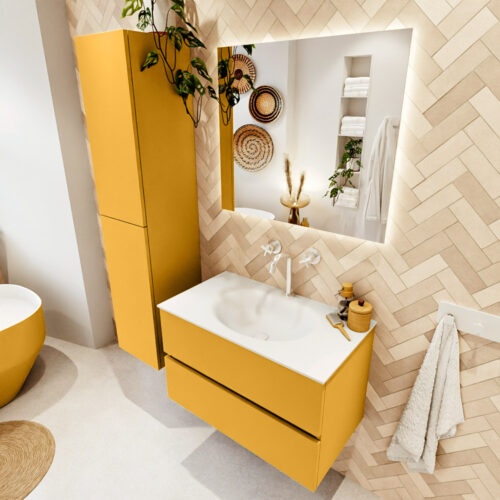 MONDIAZ VICA 80cm mueble de baño Ocher 2 cajones. Lavabo MOON Centro 1 orificio color Talc con espejo LED.