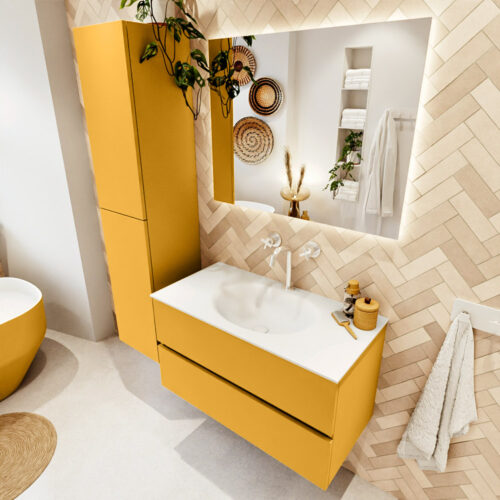 MONDIAZ VICA 90cm mueble de baño Ocher 2 cajones. Lavabo MOON Centro 1 orificio color Talc con espejo LED.