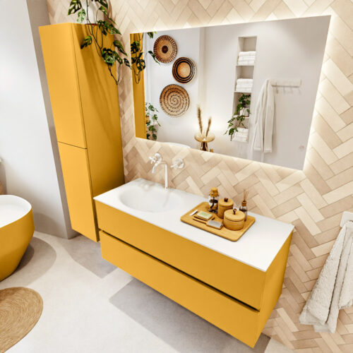 MONDIAZ VICA 120cm mueble de baño Ocher 2 cajones. Lavabo MOON Izquierda 1 orificio color Talc con espejo LED.