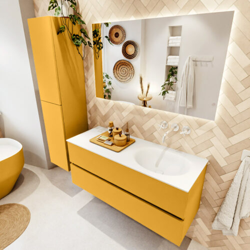 MONDIAZ VICA 120cm mueble de baño Ocher 2 cajones. Lavabo MOON Derecho sin orificio color Talc con espejo LED.