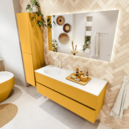 MONDIAZ VICA 130cm mueble de baño Ocher 2 cajones. Lavabo MOON Izquierda 1 orificio color Talc con espejo LED.