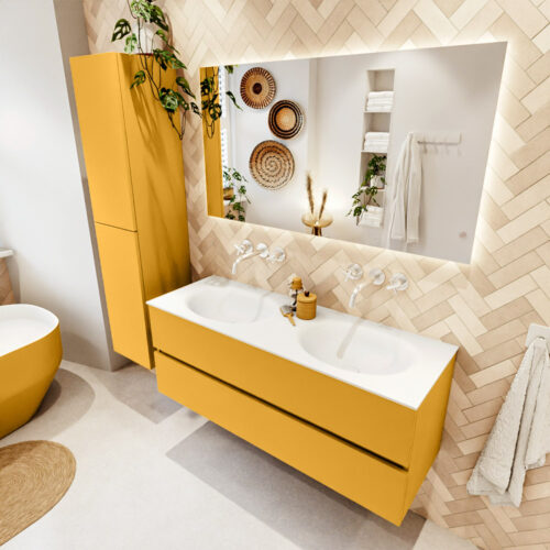 MONDIAZ VICA 130cm mueble de baño Ocher 2 cajones. Lavabo MOON Doble sin orificio color Talc con espejo LED.