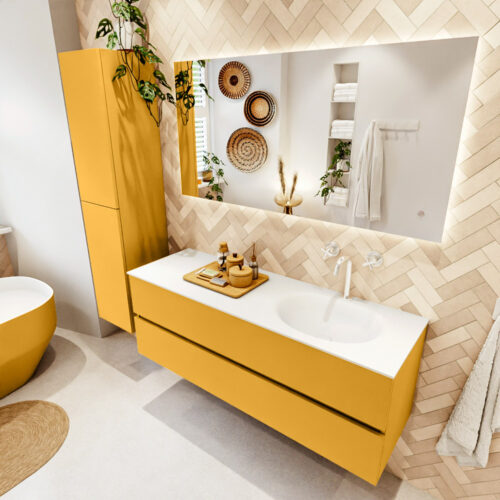 MONDIAZ VICA 140cm mueble de baño Ocher 2 cajones. Lavabo MOON Derecho 1 orificio color Talc con espejo LED.