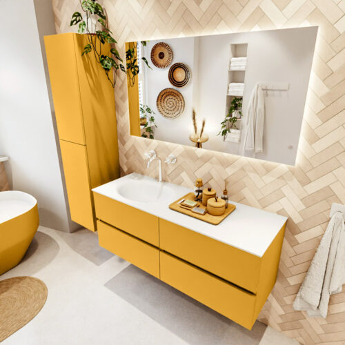 MONDIAZ VICA 130cm mueble de baño Ocher 4 cajones. Lavabo MOON Izquierda 1 orificio color Talc con espejo LED.