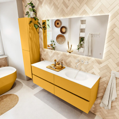 MONDIAZ VICA 150cm mueble de baño Ocher 4 cajones. Lavabo MOON Derecho sin orificio color Talc con espejo LED.