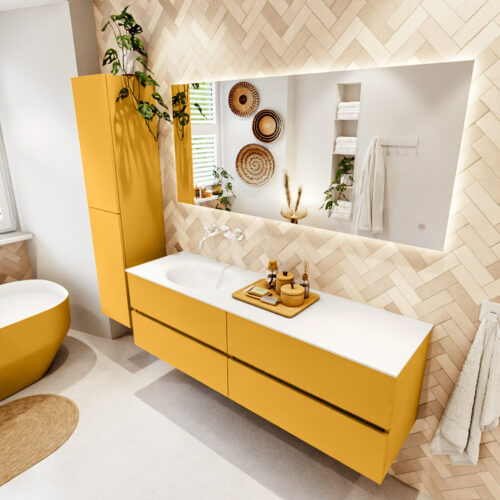 MONDIAZ VICA 160cm mueble de baño Ocher 4 cajones. Lavabo MOON Izquierda sin orificio color Talc con espejo LED.