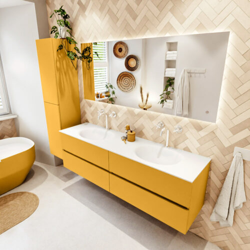 MONDIAZ VICA 170cm mueble de baño Ocher 4 cajones. Lavabo MOON Doble 2 orificios color Talc con espejo LED.