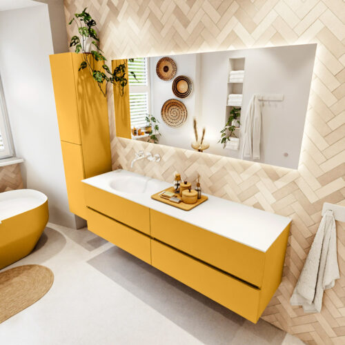 MONDIAZ VICA 170cm mueble de baño Ocher 4 cajones. Lavabo MOON Izquierda sin orificio color Talc con espejo LED.