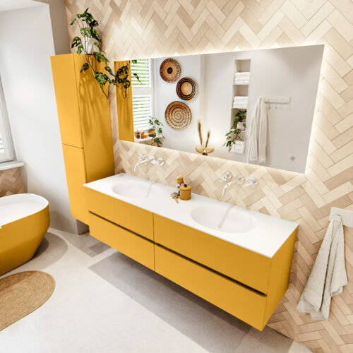 MONDIAZ VICA 170cm mueble de baño Ocher 4 cajones. Lavabo MOON Doble sin orificio color Talc con espejo LED.