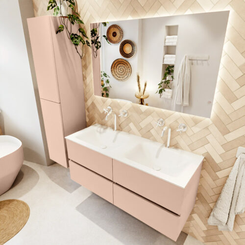 MONDIAZ VICA 120cm mueble de baño Rosee 4 cajones. Lavabo CLOUD Doble 2 orificios color Talc con espejo LED.