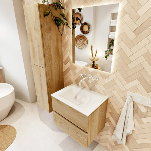 MONDIAZ VICA 60cm mueble de baño Washed Oak 2 cajones. Lavabo CLOUD Centro sin orificio color Talc con espejo LED.