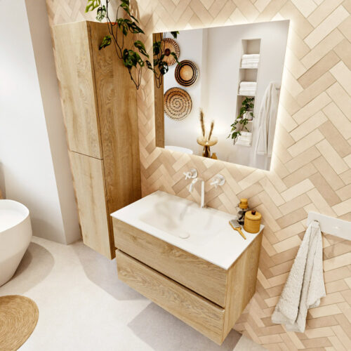 MONDIAZ VICA 80cm mueble de baño Washed Oak 2 cajones. Lavabo CLOUD Centro 1 orificio color Talc con espejo LED.