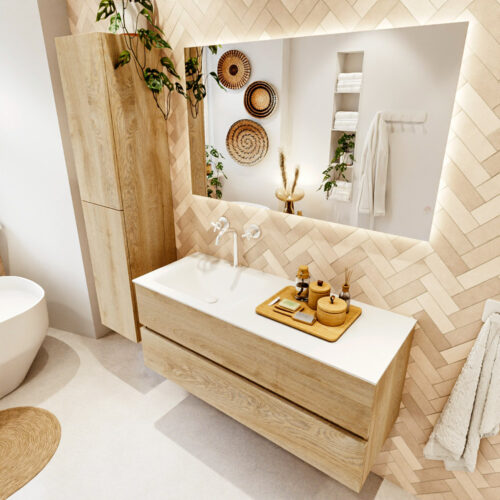 MONDIAZ VICA 120cm mueble de baño Washed Oak 2 cajones. Lavabo CLOUD Izquierda 1 orificio color Talc con espejo LED.