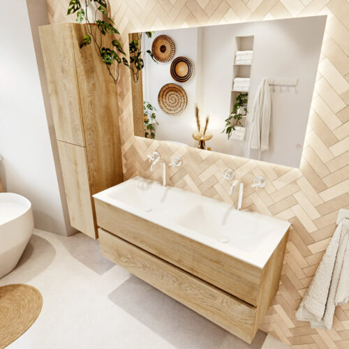 MONDIAZ VICA 120cm mueble de baño Washed Oak 2 cajones. Lavabo CLOUD Doble 2 orificios color Talc con espejo LED.