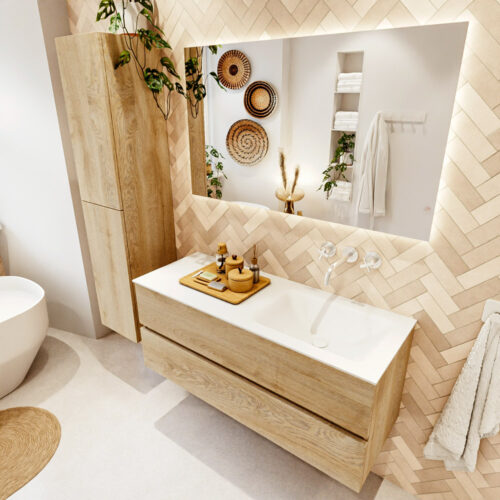 MONDIAZ VICA 120cm mueble de baño Washed Oak 2 cajones. Lavabo CLOUD Derecho sin orificio color Talc con espejo LED.