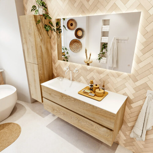 MONDIAZ VICA 130cm mueble de baño Washed Oak 2 cajones. Lavabo CLOUD Izquierda 1 orificio color Talc con espejo LED.