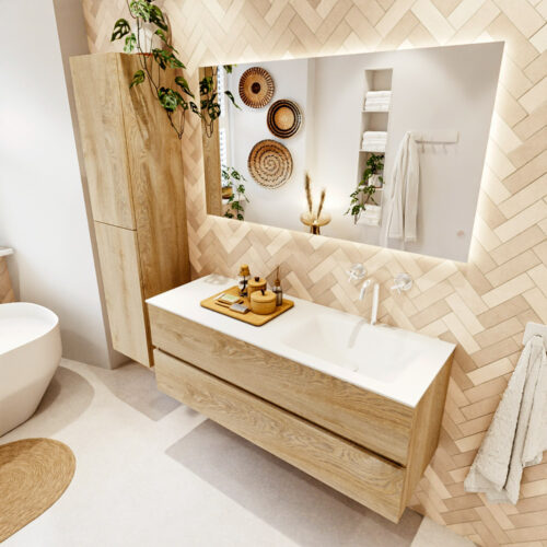 MONDIAZ VICA 130cm mueble de baño Washed Oak 2 cajones. Lavabo CLOUD Derecho 1 orificio color Talc con espejo LED.