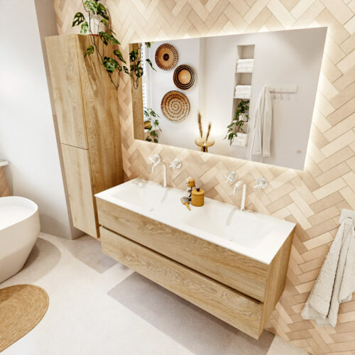 MONDIAZ VICA 130cm mueble de baño Washed Oak 2 cajones. Lavabo CLOUD Doble 2 orificios color Talc con espejo LED.