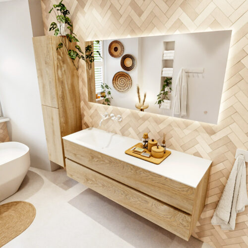 MONDIAZ VICA 150cm mueble de baño Washed Oak 2 cajones. Lavabo CLOUD Izquierda sin orificio color Talc con espejo LED.