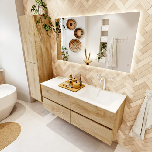 MONDIAZ VICA 130cm mueble de baño Washed Oak 4 cajones. Lavabo CLOUD Derecho 1 orificio color Talc con espejo LED.