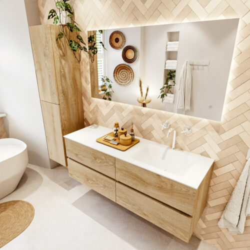 MONDIAZ VICA 140cm mueble de baño Washed Oak 4 cajones. Lavabo CLOUD Derecho 1 orificio color Talc con espejo LED.