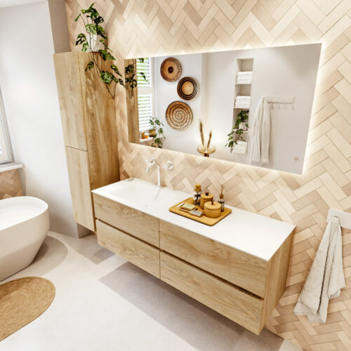 MONDIAZ VICA 150cm mueble de baño Washed Oak 4 cajones. Lavabo CLOUD Izquierda 1 orificio color Talc con espejo LED.