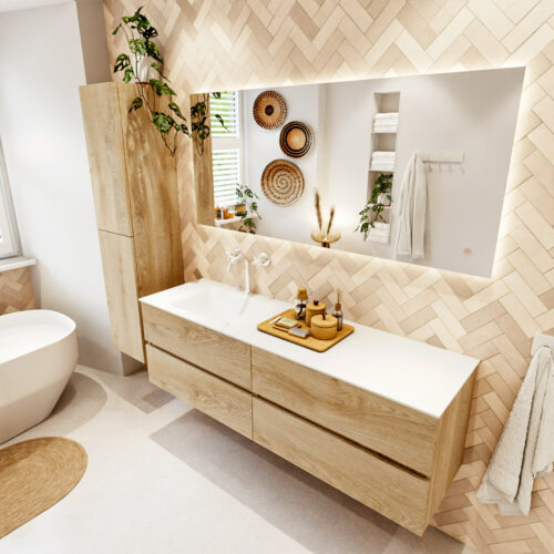 MONDIAZ VICA 160cm mueble de baño Washed Oak 4 cajones. Lavabo CLOUD Izquierda 1 orificio color Talc con espejo LED.