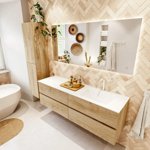 MONDIAZ VICA 160cm mueble de baño Washed Oak 4 cajones. Lavabo CLOUD Derecho 1 orificio color Talc con espejo LED.