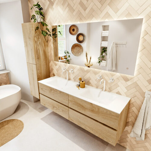 MONDIAZ VICA 160cm mueble de baño Washed Oak 4 cajones. Lavabo CLOUD Doble 2 orificios color Talc con espejo LED.