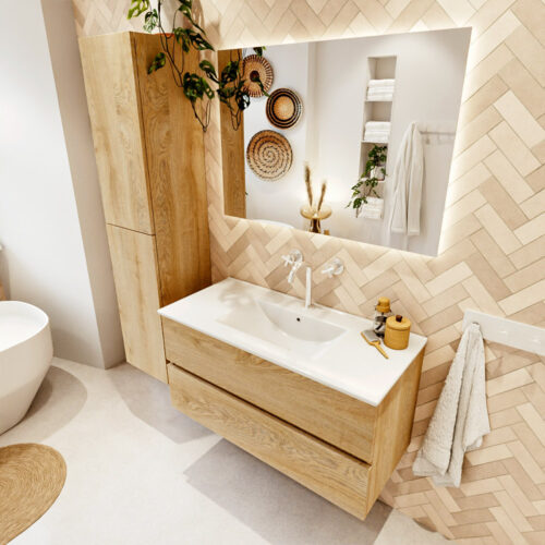 MONDIAZ VICA 100cm mueble de baño Washed Oak 2 cajones. Lavabo DENIA Centro 1 orificio color Blanco brillo con espejo LED.