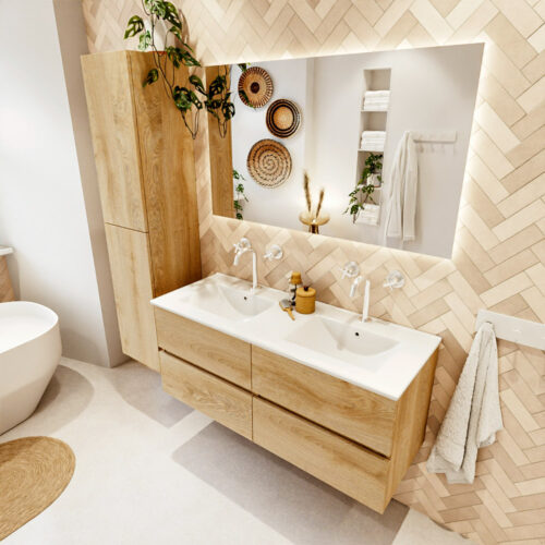 MONDIAZ VICA 120cm mueble de baño Washed Oak 4 cajones. Lavabo DENIA Doble 2 orificios color Blanco brillo con espejo LED.