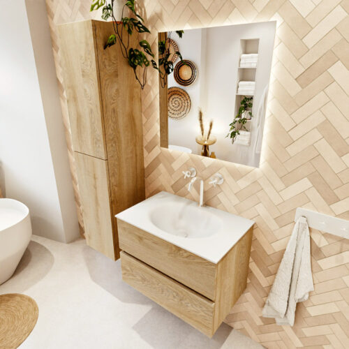 MONDIAZ VICA 70cm mueble de baño Washed Oak 2 cajones. Lavabo MOON Centro 1 orificio color Talc con espejo LED.