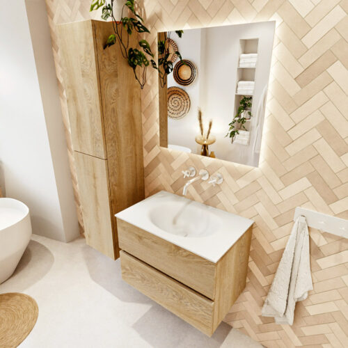 MONDIAZ VICA 70cm mueble de baño Washed Oak 2 cajones. Lavabo MOON Centro sin orificio color Talc con espejo LED.