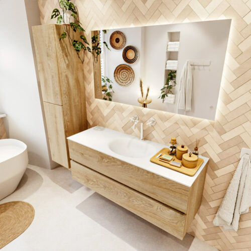 MONDIAZ VICA 130cm mueble de baño Washed Oak 2 cajones. Lavabo MOON Centro 1 orificio color Talc con espejo LED.