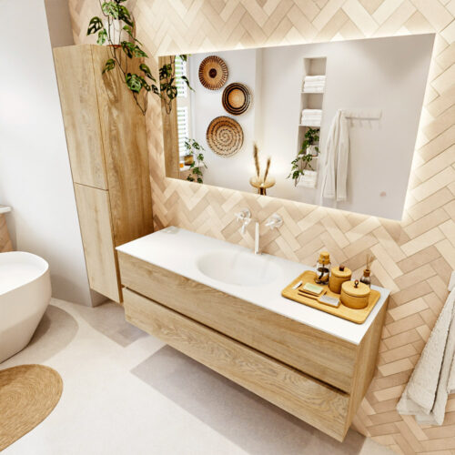 MONDIAZ VICA 140cm mueble de baño Washed Oak 2 cajones. Lavabo MOON Centro 1 orificio color Talc con espejo LED.