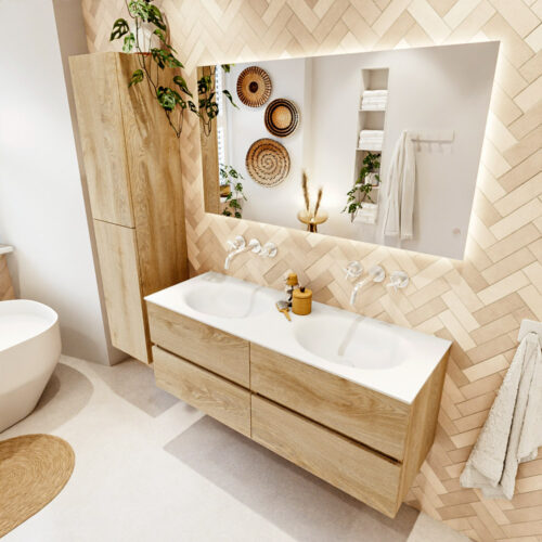 MONDIAZ VICA 130cm mueble de baño Washed Oak 4 cajones. Lavabo MOON Doble sin orificio color Talc con espejo LED.