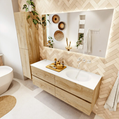 MONDIAZ VICA 140cm mueble de baño Washed Oak 4 cajones. Lavabo MOON Derecho sin orificio color Talc con espejo LED.